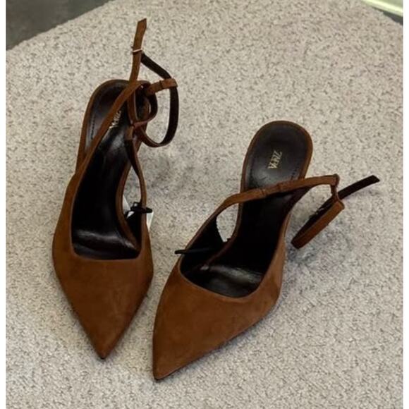 RARE!!! ZARA Brown Suede Leather Slingback Heels NWT 🤎 - Picture 7 of 16